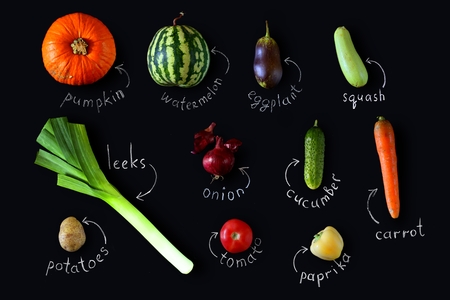 Fresh vegetables on a dark table. Autumn chalkboard background. Healthy eating. Pumpkin, zucchini, squash, onions, leek, peaches and eggplants. Top viewの写真素材