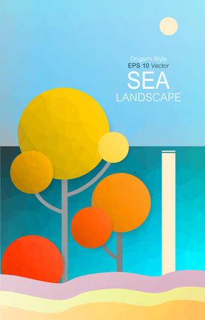 Sea autumn landscape in origami style. Beach trees and moon light on water surface. Polygonal textured paper vector background.のイラスト素材