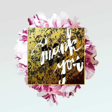 Trendy "thank you" card with peony flower and textured shabby gold background. Vector square frame composition.のイラスト素材