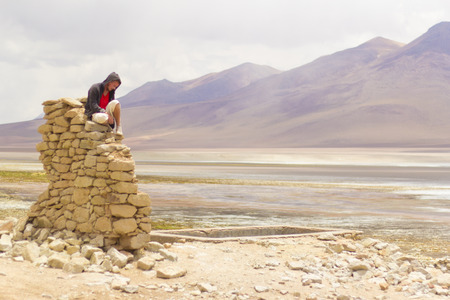 ALTIPLANO, BOLIVIA - JANUARY 22, 2012  A lonely tourist on top of a pile of rocks in the middle of the Bolivian desert  January 22, 2012 in Bolivia のeditorial素材