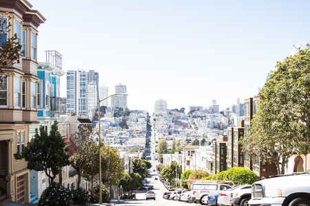 the skiline of San francisco as seen from one of its streetsのeditorial素材
