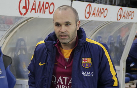 SAN SEBASTIAN, SPAIN - April 6, 2016 Andres Iniesta Barcelona in action During the La Liga match espagolde Real Sociedad - FC Barcelona at Anoeta Stadiumのeditorial素材