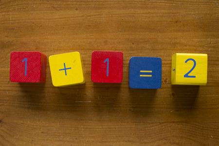 Colorful wooden blocks depicting a simple arithmethic operationの写真素材