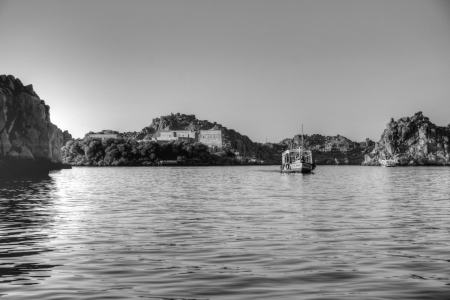 a boat on a lakeの写真素材