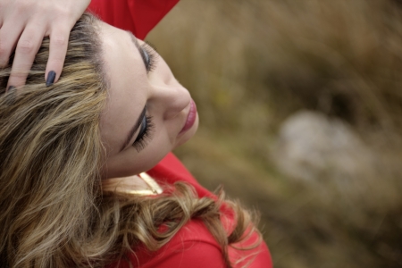 blond woman photographed from aboveの写真素材