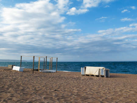 beach chairs in the coast of spainの写真素材