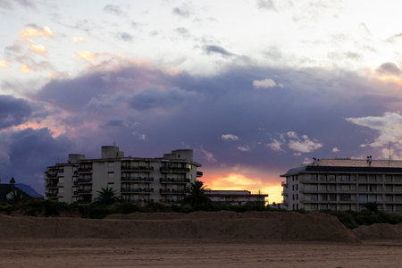 view of the city of laredo in spain at sunsetの写真素材