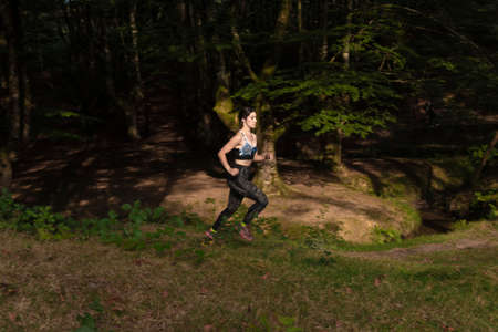 woman running with sportswear through a beech forest in the mountains of vizcayaの写真素材