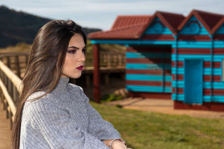 brunette woman in profile outdoors with some blue and red cabins in the background wearing a gray wool dressの写真素材