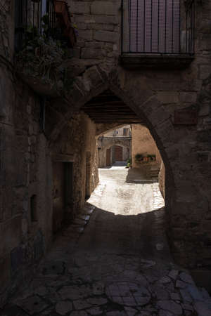 stone street with an arch in the medieval village of GuimerÃ¡ in northern Spain