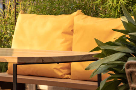 deserted terrace of a restaurant in spainの写真素材