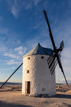 beautifull landscape of old windmill in the city of Consuegra Spain , on the route of the Don Quixote and Cervantes millsの写真素材