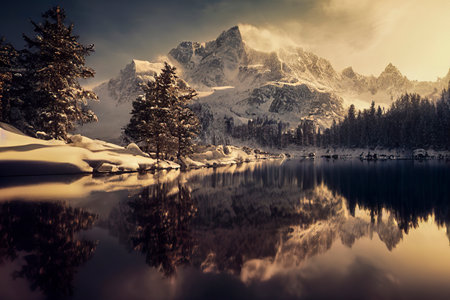 Mountain river in snowy mountains. Snowy mountain panorama. Winter mountain river panoramic landscape.の素材