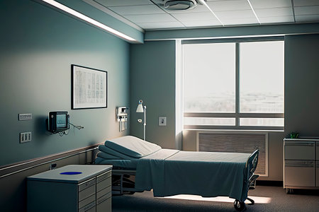 Hospital with beds and medical equipment in modern private hospital, ai generatedの素材
