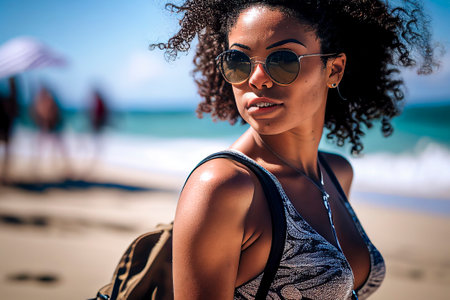 american woman on the beach in summer, ai generatedの素材