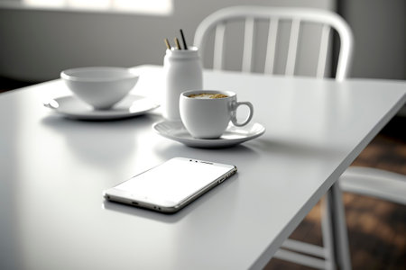 Black mobile phone on the white tableの素材