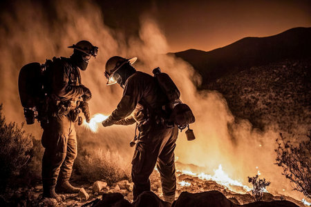 Firemen working hard to put out the bush firesの素材