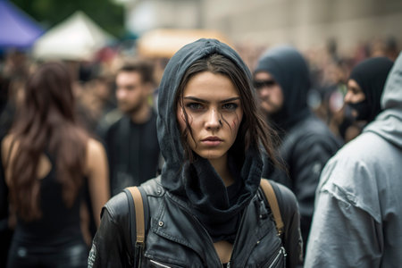 woman in a demonstration on may dayの素材