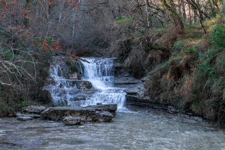 Tranquil Beauty: Serene Cascading Waters the Heart of Basque Countryの写真素材