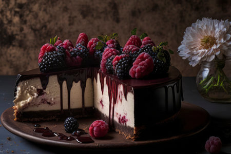 Rustic cheesecake with forest fruits in darkfood styleの素材