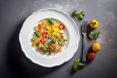 healthy food plate of pasta salad in a restaurantの素材