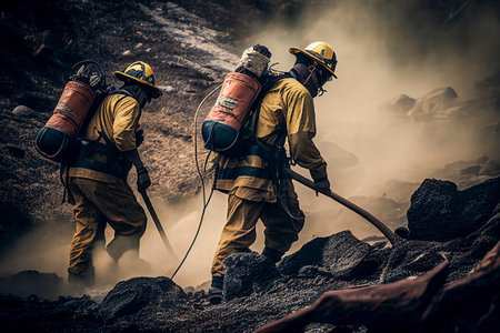 Firemen working hard to put out the bush firesの素材