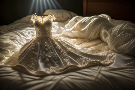 Amazing white wedding dress on the bedの素材