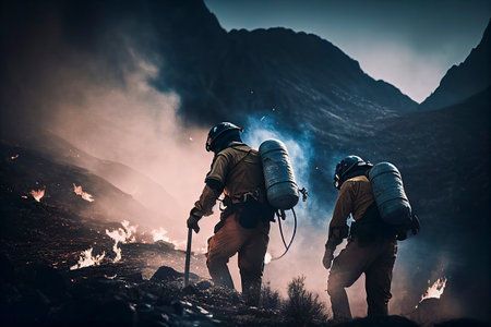 Firemen working hard to put out the bush firesの素材