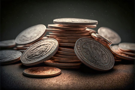 Shimmering Heap of Gold Silver Coins on a Wooden Table, ai generativeの素材