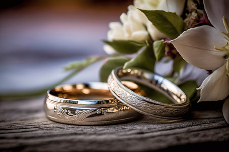 Forever United: Two Wedding Rings and a Bouquet of Flowersの素材