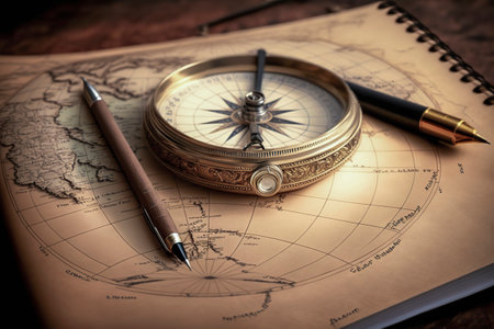 Lost in History: Exploring the World of Yesteryear Through an Old Map and Compassの素材