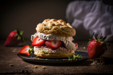 The Ultimate Breakfast Treat: Golden Pancakes Topped with Whipped Cream and Plump, Juicy Strawberriesの素材