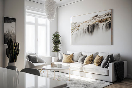 A Timeless Elegance: A Sophisticated Living Room with Sleek Lines Natural Light, ai generativeの素材
