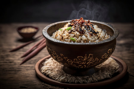 The Art of Rice and Vegetable Cooking in Asian Cuisine: A Delectable Dish of Fluffy Jasmine Rice and Freshly Stir-Fried Bok Choy, Shiitake Mushrooms, and Red Onionsの素材