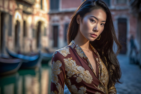 A Romantic Serenade: Exploring the Canals of Venice on a Gondola Ride with an Asian Womanの素材