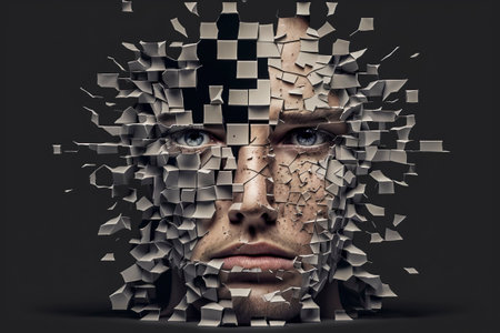 Geometry in Motion: A Futuristic Portrait of Disintegration Through Multidimensional Triangles and Faceted Polygons, ai generativeの素材