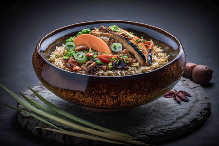 Colorful and Flavorful: An Exotic Vegetarian Curry with Basmati Rice, Packed with Vibrant Peppers, Carrots, and Snow Peas in a Spicy Tomato Sauceの素材