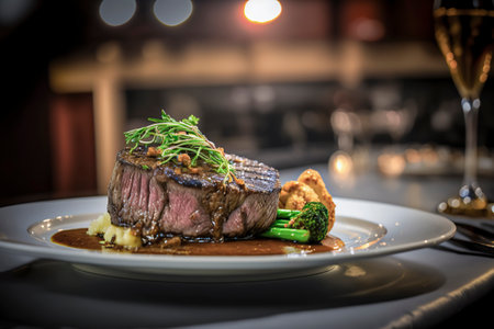 The Perfect Steak: Mouthwatering Meal at a Fine Dining Establishment, ai generativeの素材