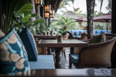Discovering Tranquility in Bali: Unwinding on a Serene Terrace Surrounded by the Lush Greenery and Fragrant Blooms of a Tropical Gardenの素材