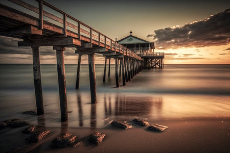 Experience the Tranquility of a Rustic Wooden Dock at Sunset with Serene Water Reflectionsの素材