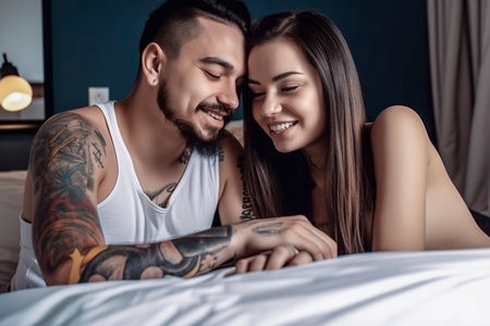 Wireless Romance: Happy Couple Unwind with Internet Surfing and Streamingの素材