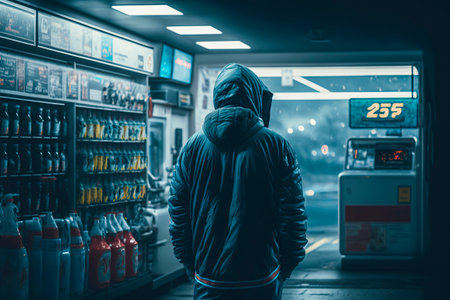 The Enigmatic Figure: A Mysterious Image of a Person in a Hoodie at a Gas Stationの素材