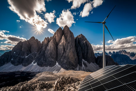 Off-the-Grid Eco-Friendly Energy Generation with Wind Turbine and Solar Panels in Mountainous Landscapeの素材