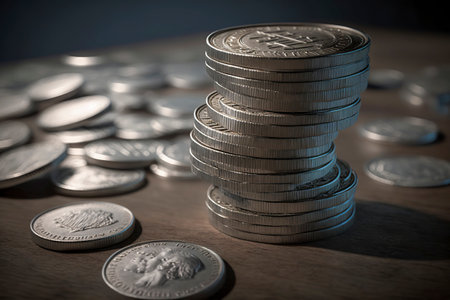 A Pile of Shiny Coins on a Table Representing Wealth and Savingsの素材