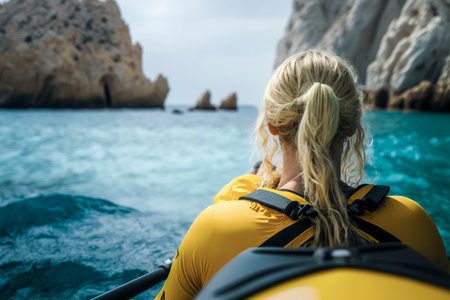 Kayaking in the Pristine Waters of Costa Brava: An Adventurous Blonde Woman's Journeyの素材