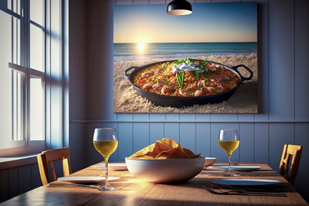 Authentic Spanish Cuisine: Enjoying Nachos and Paella in a Cozy Restaurant Ambianceの素材