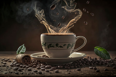 Warm and Cozy Rustic Coffee Scene with Steamy Mug on Wooden Table for a Perfect Morningの素材