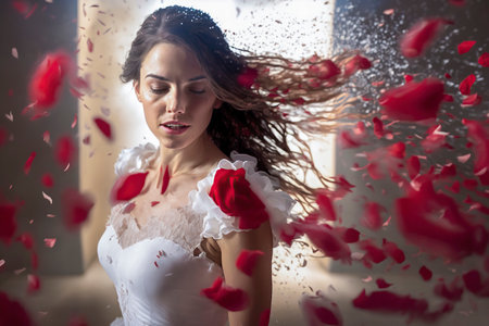 Bride in a Beautiful White Dress, Surrounded by Falling Red Rose Petals: A Romantic Wedding Sceneの素材