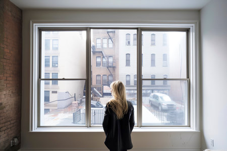 Blonde Woman Gazing Out Window onto Bustling New York City Streetの素材