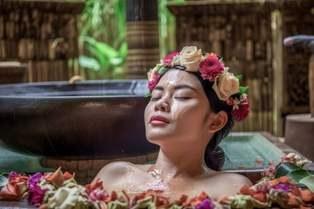 Escape to Serenity: Woman Relaxing in Balinese Spa bathtubの素材